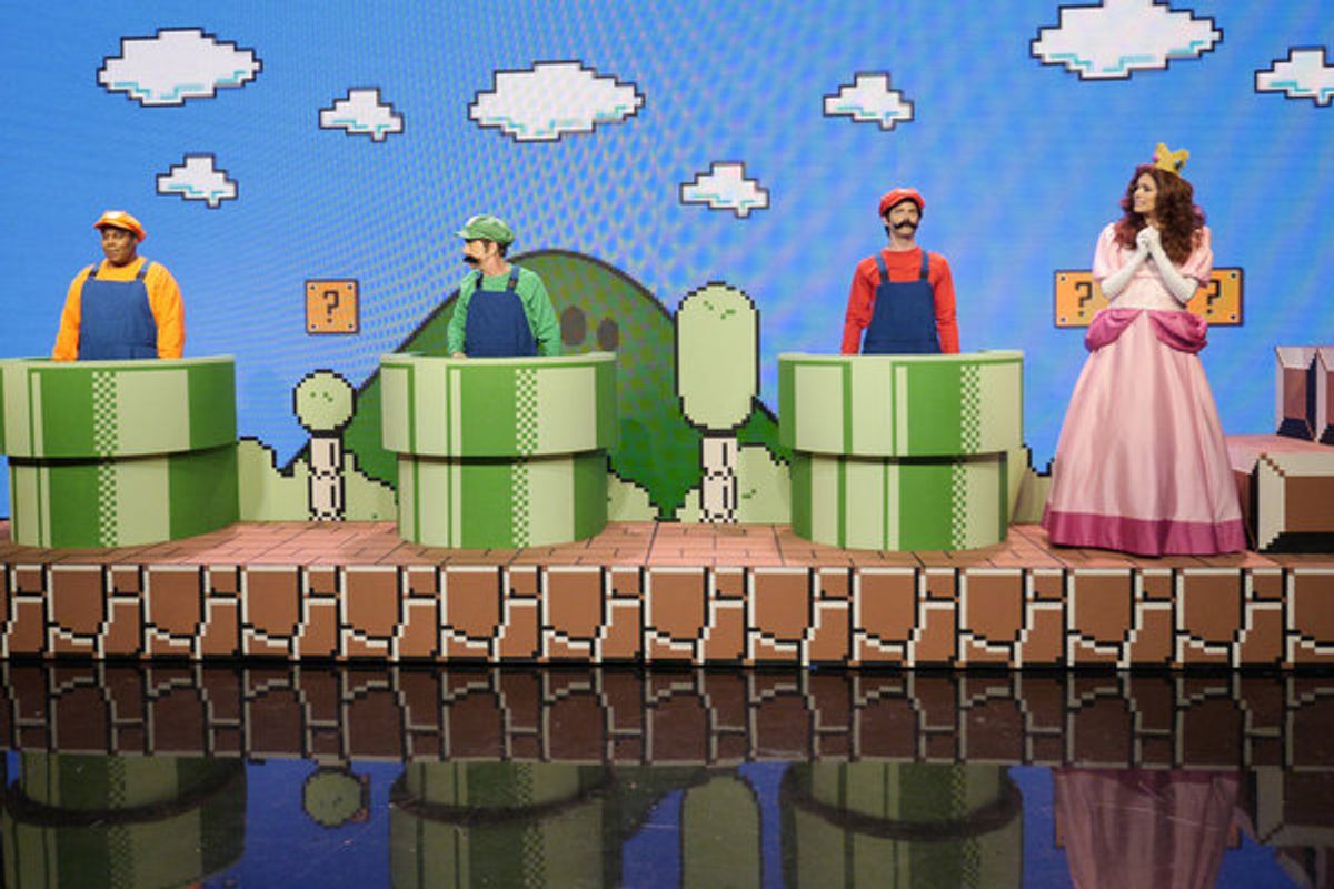 MAYA & MARTY -- Episode 104 -- Pictured: (l-r) Kenan Thompson as Ja'Marcus, Martin Short as Luigi, Mikey Day as Mario, Cecily Strong as Princess Toadstool during the 'Super Mario Bros' sketch on June 21, 2016 -- (Photo by: Steve Fenn/NBC) at 