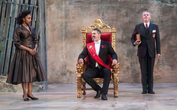 Simone Moore as Queen Gertrude, John Pasha as Claudius, Wynn Harmon as Polonius Photo