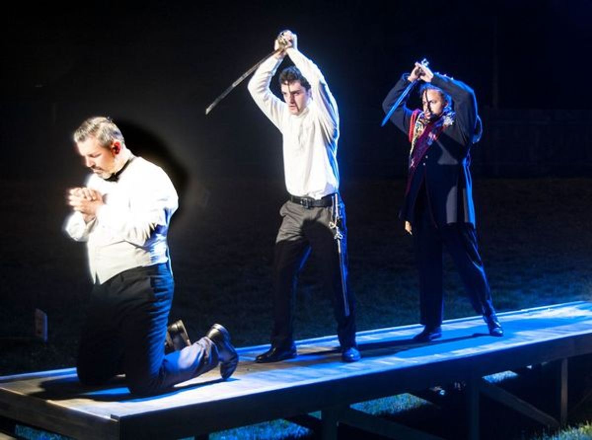 John Pasha as Claudius, Joey Santia as Hamlet and Justin Cunningham as The Ghost at 