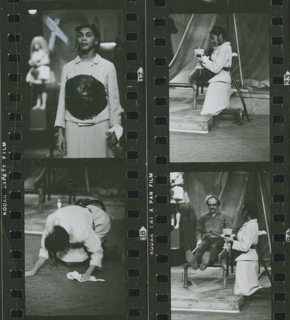 A contact sheet of photographs depicting Mary Alice and others performing Adrienne Kennedy's play 'A Rat's Mass' at La MaMa in 1969. Photographs by Amnon Ben Nomis. at 