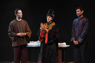 Kai Chao as Ching Ho (left), Marann Zschau as Mrs. Meers and Eiji Miura as Bun Foo Photo