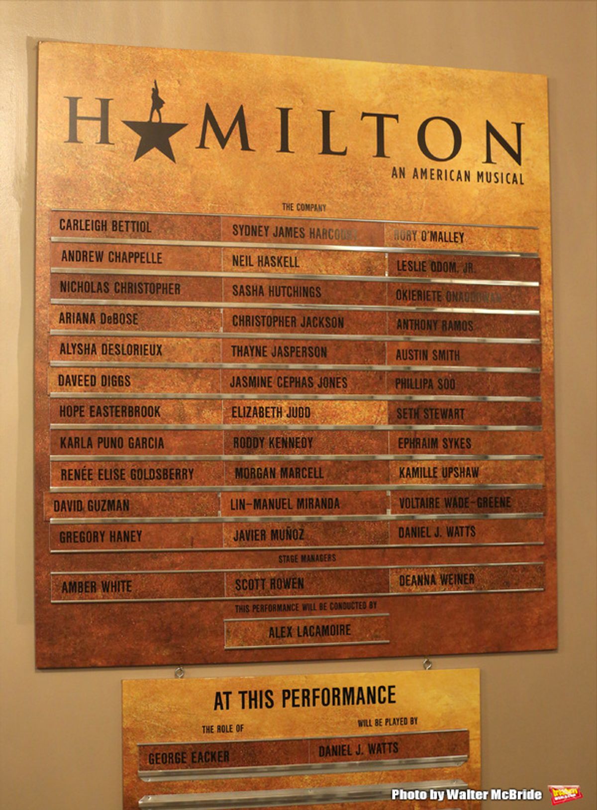 Lobby cast board for Lin-Manuel Miranda during his final performance of 'Hamilton' on Broadway at Richard Rodgers Theatre on July 9, 2016 in New York City. at 