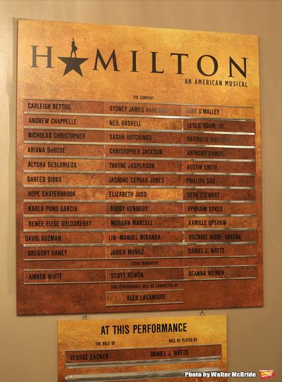 Lobby cast board for Lin-Manuel Miranda during his final performance of 'Hamilton' on Photo