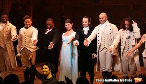Conductor Alex Lacamoire, Leslie Odom Jr., Phillipa Soo and Christopher Jackson with  Photo