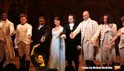 Conductor Alex Lacamoire, Leslie Odom Jr., Phillipa Soo and Christopher Jackson with  Photo