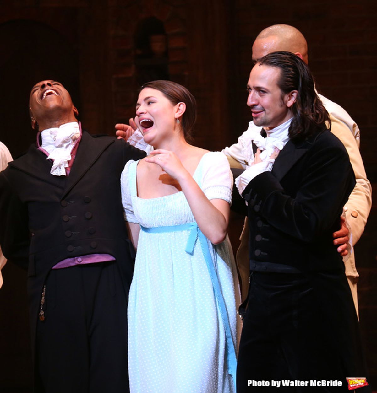 Leslie Odom Jr. and Phillipa Soo with Lin-Manuel Miranda and cast at 