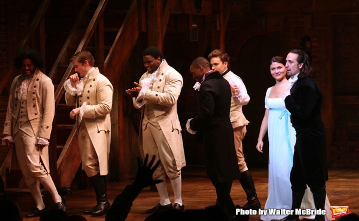 Leslie Odom Jr. and Phillipa Soo with Lin-Manuel Miranda and cast at 