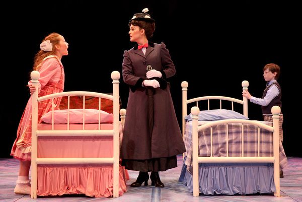 Kerry Conte (Mary Poppins) with Scarlett Keene-Connole (Jane Banks) and Jake Ryan Fly Photo
