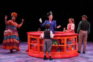 Jenelle A. Robinson (Mrs. Corry), Kerry Conte (Mary Poppins), and Brad Bradley (Bert) with Scarlett Keene-Connole (Jane Banks) and Jake Ryan Flynn (Michael Banks) in North Shore Music Theatre''s production of MARY POPPINS playing July 12 - July 31, 2016. @ BroadwayWorld Jenelle A. Robinson (Mrs. Corry), Kerry Conte (Mary Poppins), and Brad Bradley (Bert) Photo