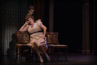 Jane Austen (Lindsie VanWinkle) listens on as Mrs. Bennet (Alison England) laments ab Photo