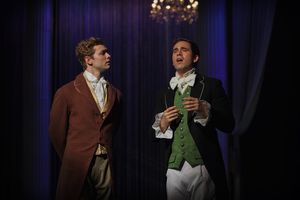 Charles Bingley (Woody Buck) cannot stop raving over Jane Bennet''s (Chloe Tiso) ''wonderful'' qualities to Mr. Darcy (Gregory Maheu) @ BroadwayWorld Charles Bingley (Woody Buck) cannot stop raving over Jane Bennet''s (Chloe Tiso) ''wo Photo