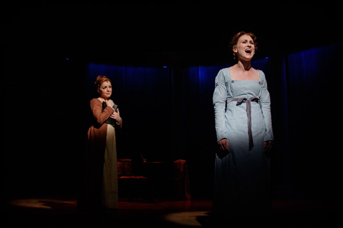 Elizabeth Bennet (Heather Botts) states her determination to marry for love as the author of her story, Jane Austen (Lindsie VanWinkle), looks on at 