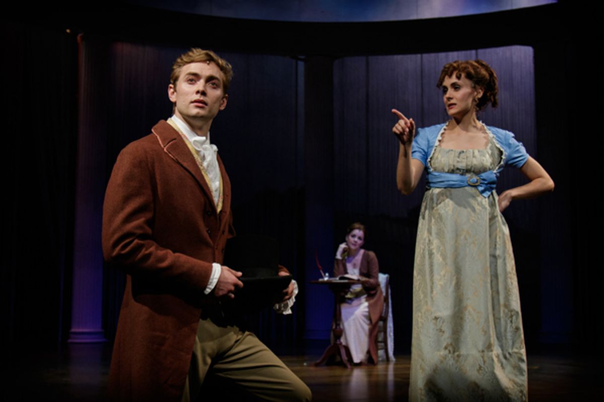 Caroline Bingley (Chrissy Albanese) and Mr. Darcy (Gregory Maheu) have two very different opinions of a muddy guest  at 