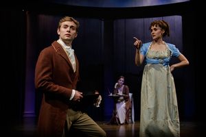 Caroline Bingley (Chrissy Albanese) and Mr. Darcy (Gregory Maheu) have two very different opinions of a muddy guest @ BroadwayWorld Caroline Bingley (Chrissy Albanese) and Mr. Darcy (Gregory Maheu) have two very diffe Photo