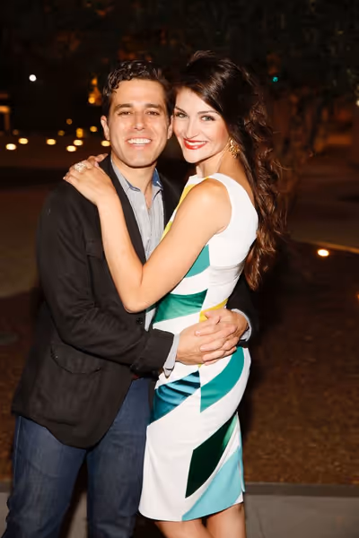 Cast members Josh Young and Sarah Hunt pose during the party for the opening night pe Photo