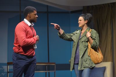 Journalist Will (Richard Prioleau) is caught off guard by Maddie (Jessica Lynn Carrol Photo