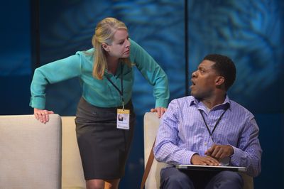 Journalist Stephanie (Tasha Lawrence) questions her colleague Will (Richard Prioleau) Photo