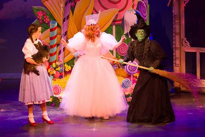 Devon Perry (Dorothy), Dusty (Toto), Rochelle Smith (Glinda), and Maria Day (The Wick Photo