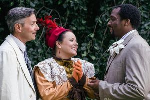 Ross Shirley as Sir Robert Chiltern, with (from left to right) Sonda Staley as Lady C Photo