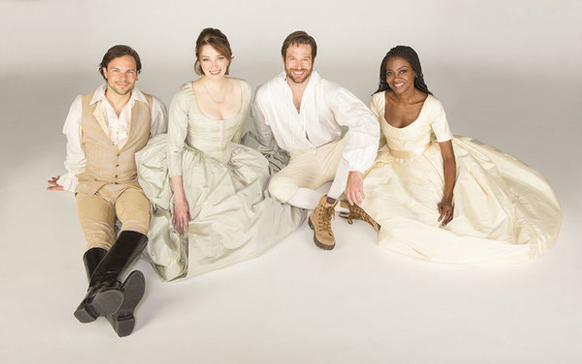(from left) Jonny Orsini appears as Ferdinand, King of Navarre, Kristen Connolly as the Princess of France, Kieran Campion as Berowne, and Pascale Armand as Rosaline at 