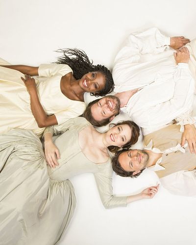 (from top) Pascale Armand appears as Rosaline, Kieran Campion as Berowne, Kristen Con Photo