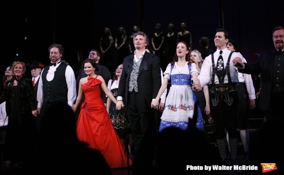 Marni Nixon, Tom Alan Robbins, Kristin Chenoweth,  Joy Hermalyn, Douglas Sills, Sierra Boggess, Ryan Silverman & David Schrammduring the final performance curtain call for the NY City Center ENCORES!  production of MUSIC IN THE AIR  in New York City.Febru at 