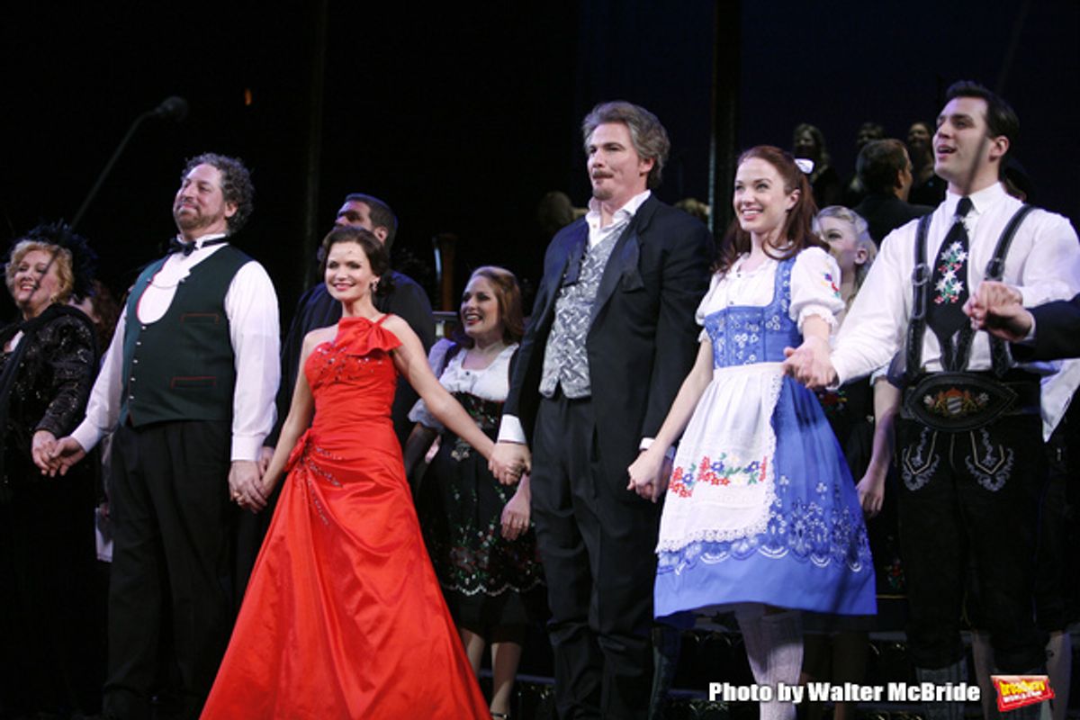 Marni Nixon, Tom Alan Robbins, Kristin Chenoweth,  Joy Hermalyn, Douglas Sills, Sierra Boggess, Ryan Silverman & David Schrammduring the final performance curtain call for the NY City Center ENCORES!  production of MUSIC IN THE AIR  in New York City.Febru at 