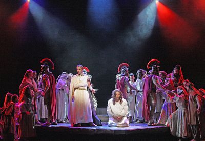 Pilate (Tony LePage) tries to reason with Jesus (Thaddeus Pearson) in front of the an Photo