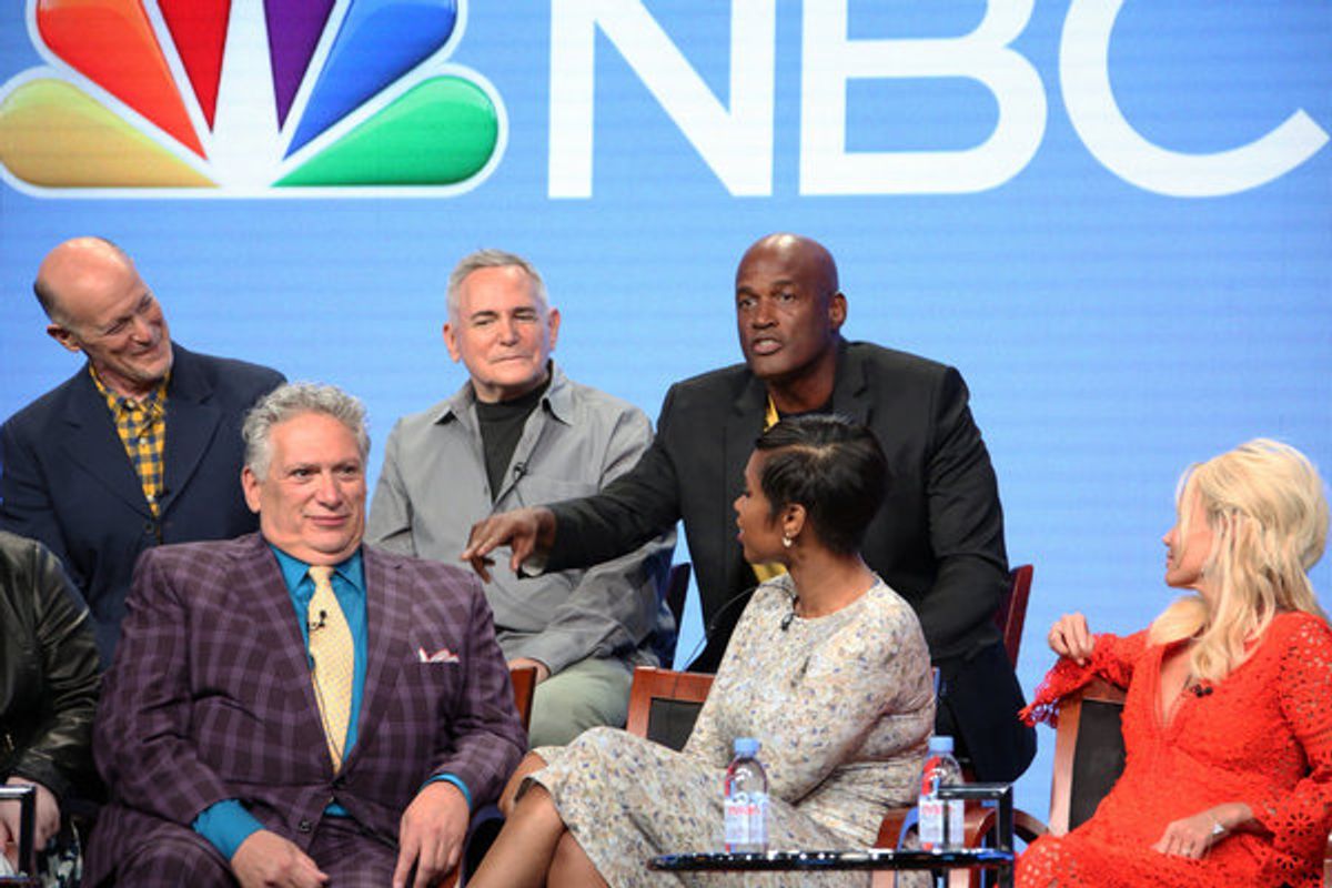 NBCUNIVERSAL EVENTS -- NBCUniversal Summer Press Tour, August 2, 2016 -- NBC''s ''Hairspray Live!'' Panel -- Pictured: (l-r) Back Row: Neil Meron, Executive Producer; Craig Zadan, Executive Director; Kenny Leon, Director; Front Row: Harvey Fierstein, Jenn at 
