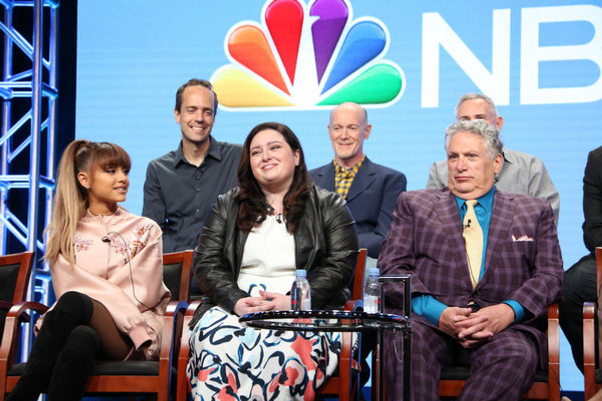 NBCUNIVERSAL EVENTS -- NBCUniversal Summer Press Tour, August 2, 2016 -- NBC''s ''Hairspray Live!'' Panel -- Pictured: (l-r) Back Row: Alex Rudzinski, Live Television Director; Neil Meron, Executive Producer; Front Row: Derek Hough, Ariana Grande, Maddie  at 