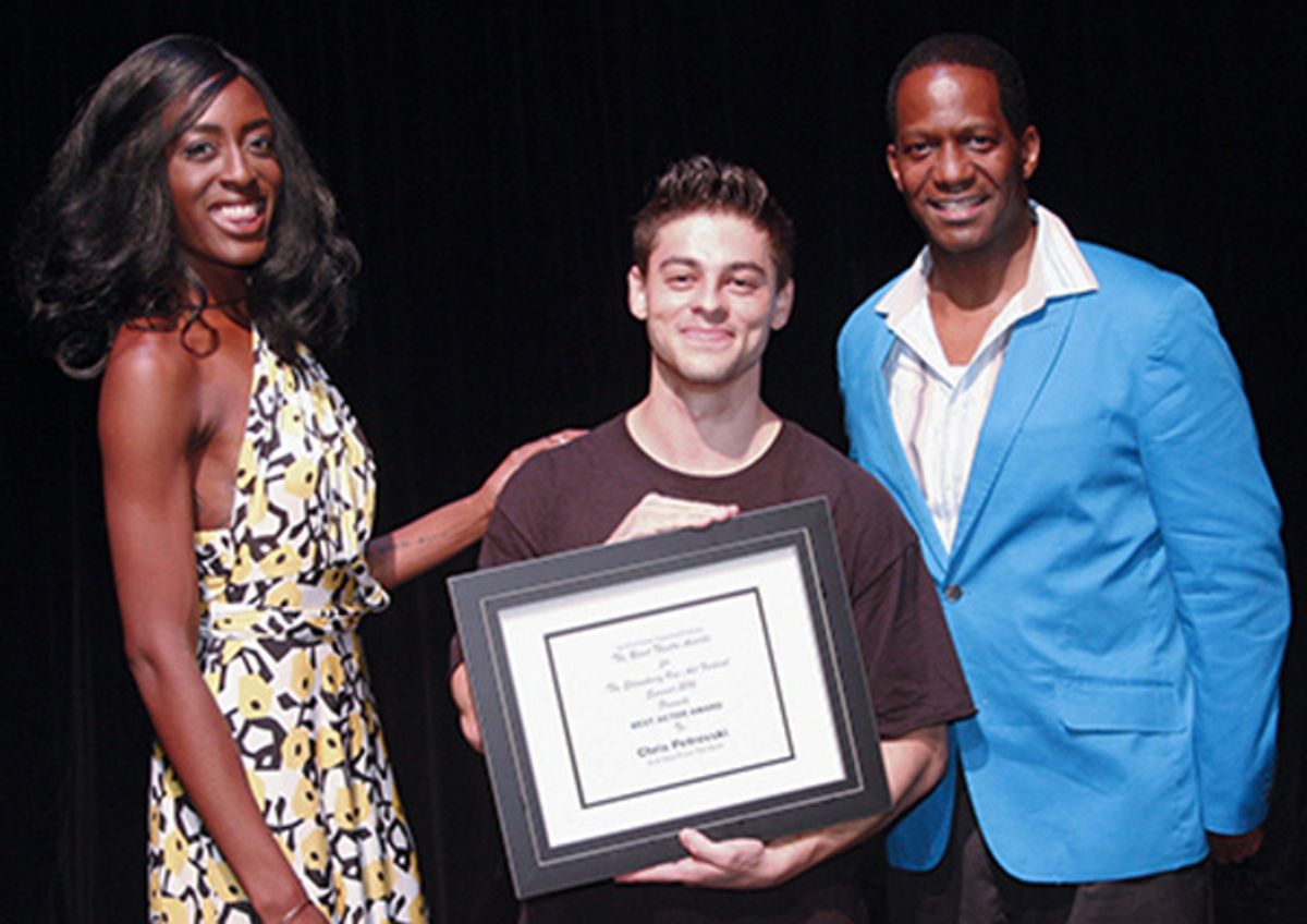 L to R: Martina Antoinette De Truff, Chris Petrovski - BEST ACTOR AWARD for A VIEW FROM THE BACK in the SOAF, and Van Dirk Fisher. Photo by Kurt Anthony. at 