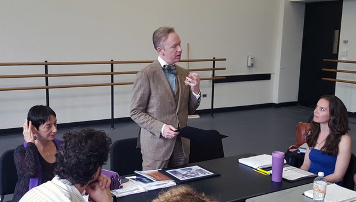 David Zyla discussing his costume design with Jane Kosminsky, Patricia Noonan, and company at 