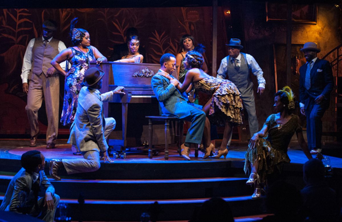 Mark G Meadows (Jelly Roll Morton) with the cast of JELLY'S LAST JAM at Signature Theatre at 