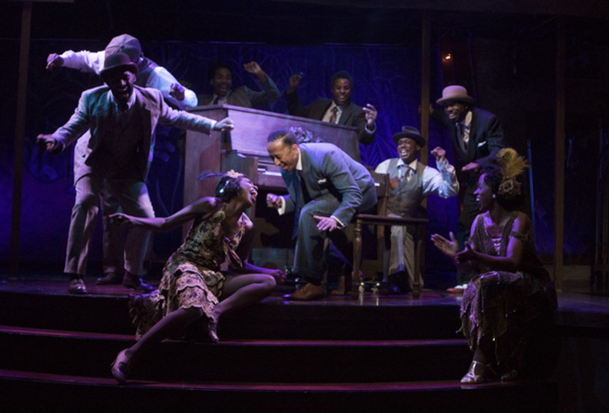 Mark G Meadows (Jelly Roll Morton) with the cast of JELLY'S LAST JAM at Signature Theatre at 