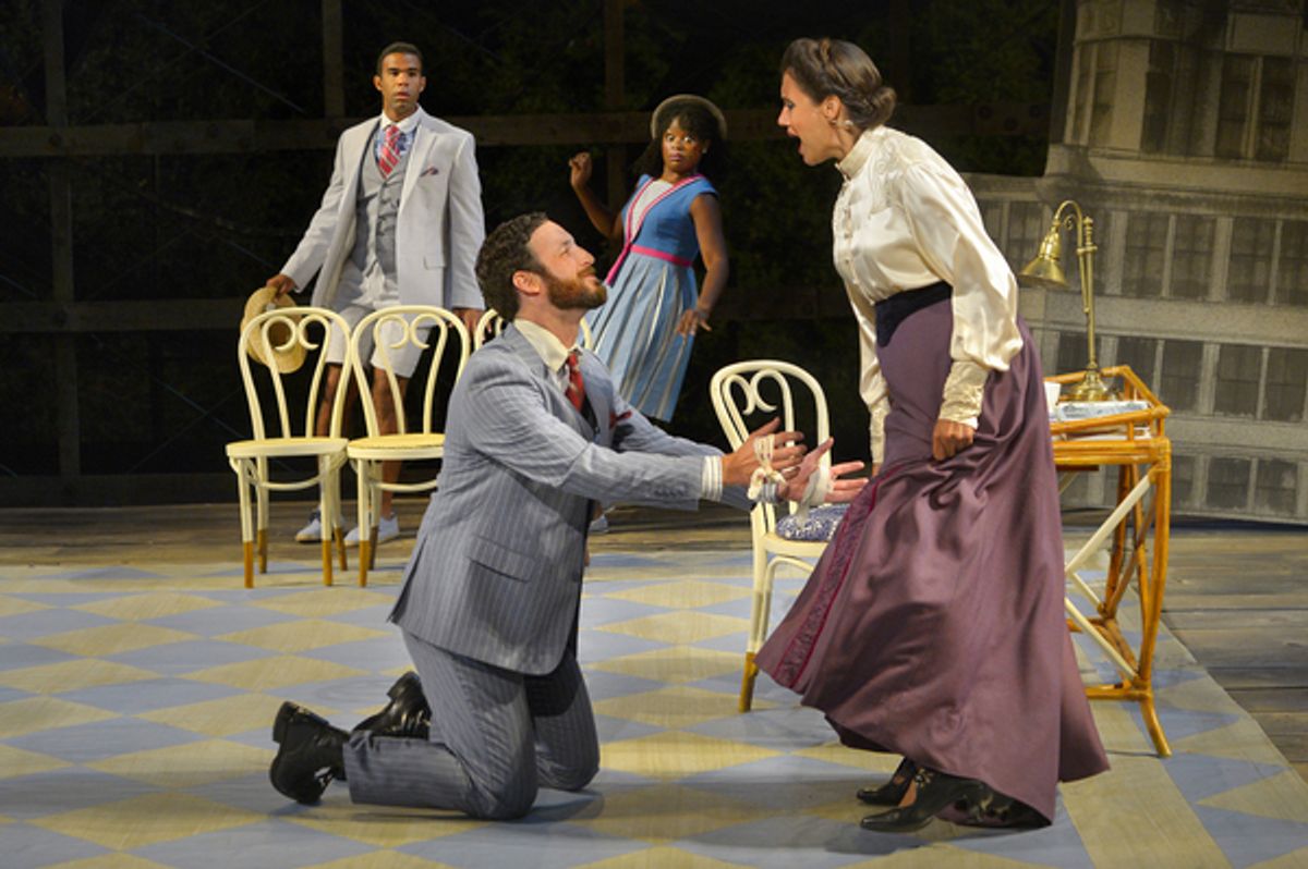 (foreground, L to R) Matthew Baldiga as Valentine and Sabina Zuniga Varela (background, L to R) Lance Gardner as Philip and Khalia Davis as Dolly in California Shakespeare Theater''s production of Shaw''s YOU NEVER CAN TELL, directed by Lisa Peterson; pho at 