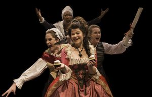 Standing (up) in back: Marianne Angelle (Callina Situka) L-R at ground-level: Charlotte Corday (Molly Searcy), Marie Antoinette (Bree Welch), and Olympe de Gouges (Shannon Emerick) @ BroadwayWorld Standing (up) in back: Marianne Angelle (Callina Situka) L-R at ground-level: Charlot Photo