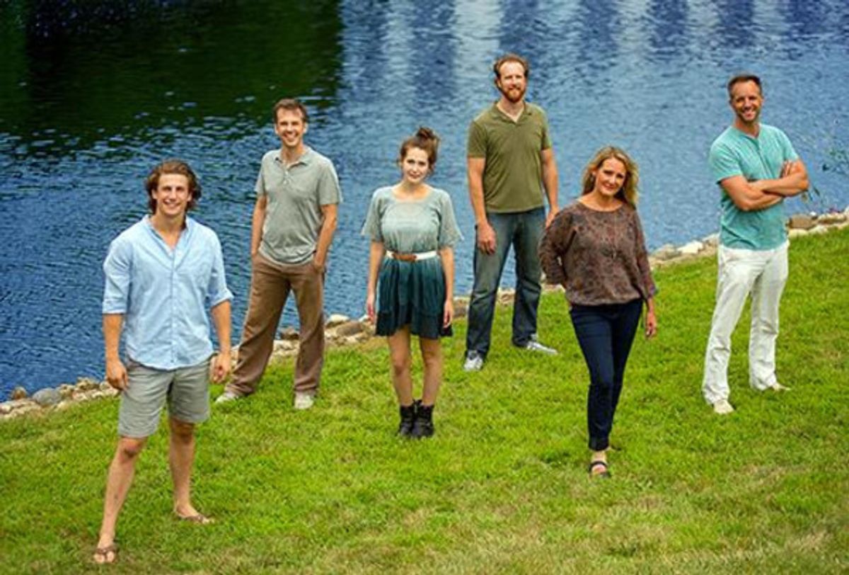 (from left) Ryan McBride as Sky, Michael Gillis as Harry Bright, Kiersten Frumkin as Sophie Sherdian, Steve O''Connell as Bill Austin, Amy Montgomery as Donna Sheridan and Jeff Diebold as Sam Carmichael. Photo credit: Thomas J. King   at 
