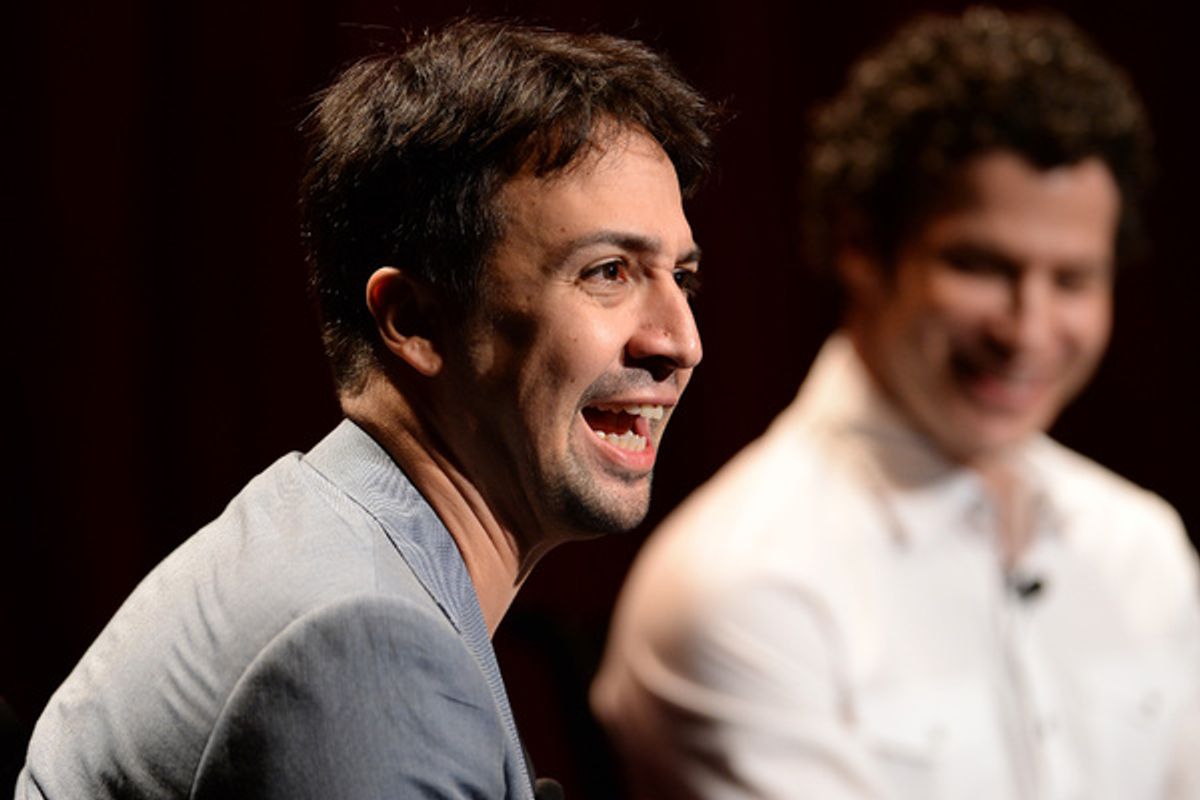 GREASE LIVE: Lin-Manuel Miranda talks  onstage during FOX''s GREASE LIVE Q&A With the Creative Team at the Hudson Ballroom on Monday, August 15, 2016 in New York City. (Photo by Anthony Behar/Fox/PictureGroup)	 at 