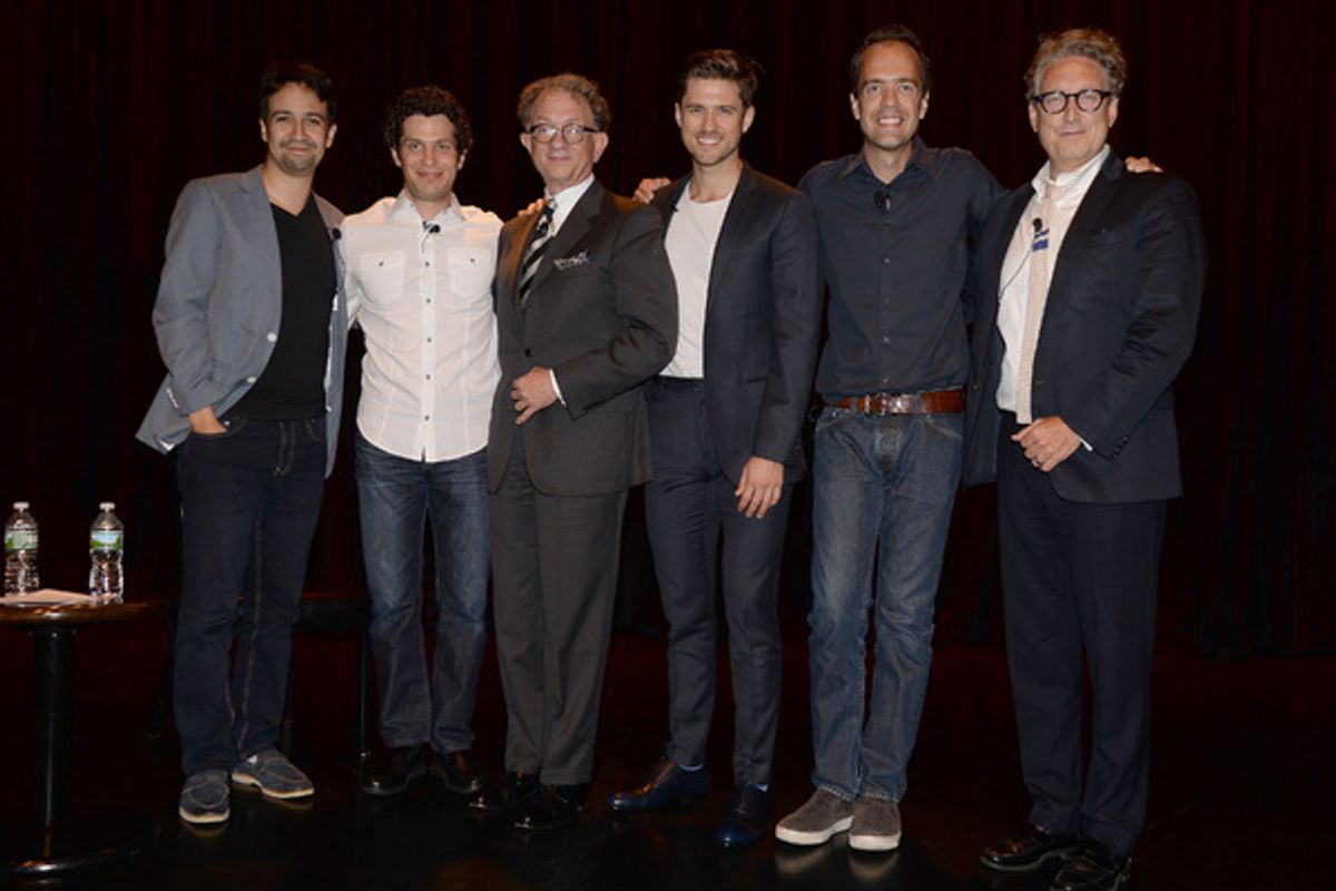 GREASE LIVE: Lin-Manuel Miranda, Thomas Kail (director), William Ivey Long, Aaron Tveit, Alex Rudzinski and Bernard Telsey pose together onstage during FOX''s GREASE LIVE Q&A With the Creative Team at the Hudson Ballroom on Monday, August 15, 2016 in New  at 