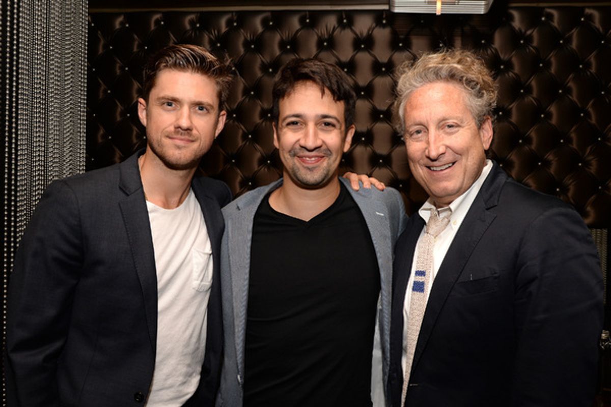 GREASE LIVE: Actor Aaron Tveit, Lin-Manuel Miranda and Bernard Telsey pose together after speaking onstage at  FOX''s GREASE LIVE Q&A With the Creative Team at the Hudson Ballroom on Monday, August 15, 2016 in New York City. (Photo by Anthony Behar/Fox/Pi at 