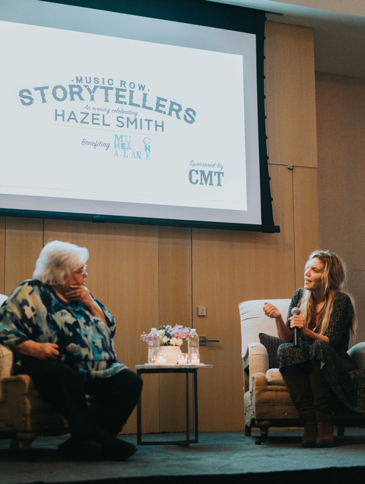 Music Row Storytellers honoree Hazel Smith and Grammy Award winning artist Alison Krauss share a moment onstage. at 