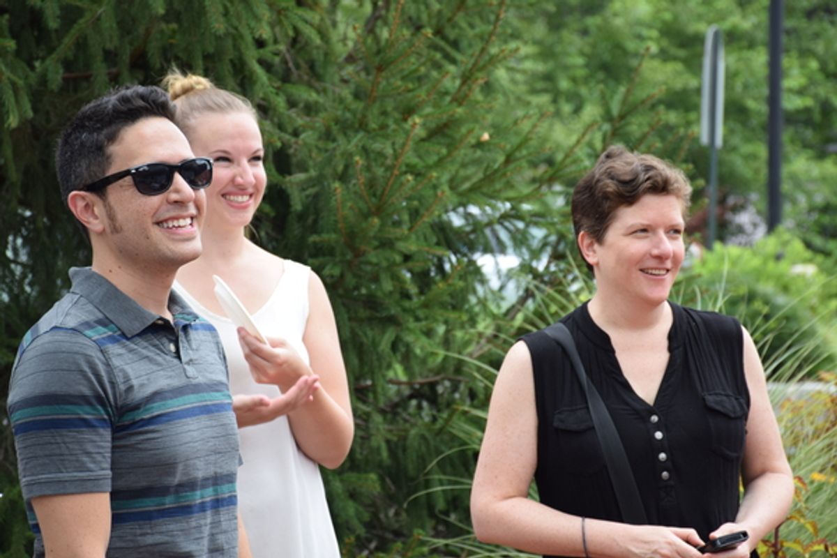 Joining the guests at the CupCake Off are the creators of Cake Off, book by Sheri Wilner (photographed on the right) and Julia Jordan (not photographed), lyrics by Jordan and Adam Gwon (photographed on the left) and music by Gwon. In the middle is Bucks C at 