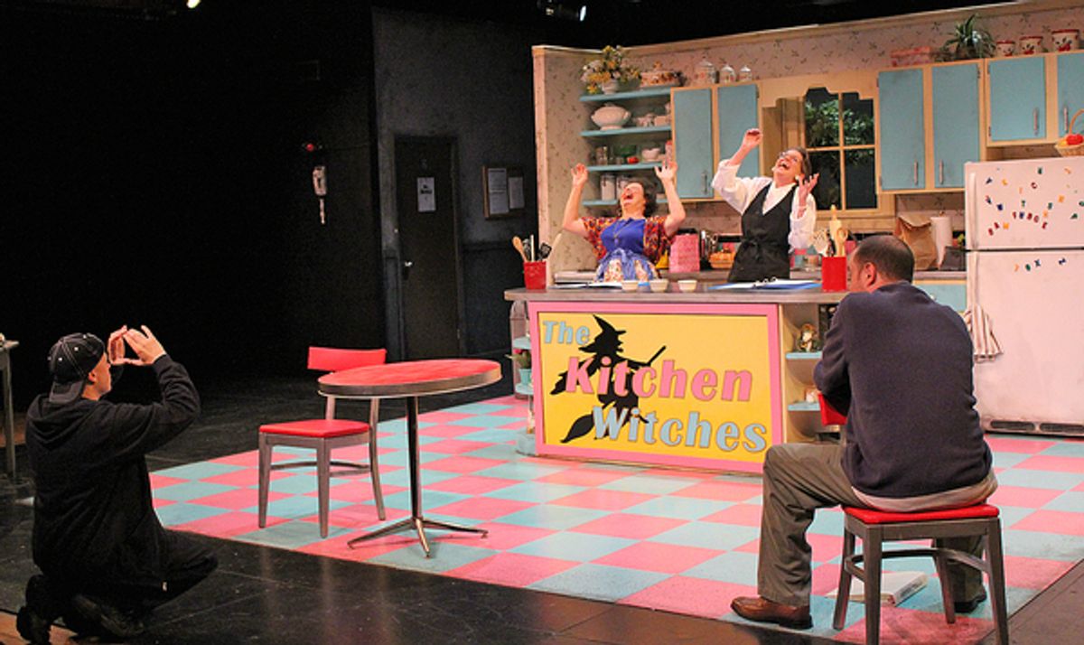 Seth Asa Sengel as Rob the Camera Guy, Diana Wilde as Dolly Biddle, Rebecca McGraw as Isabel Lomax and Jason Shipman as Stephen Biddle in Cortland Repertory Theatre's production of 'The Kitchen Witches'. at 