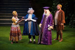 Makha Mthembu as Jaquenetta, Patrick Kerr as Sir Nathaniel, Stephen Spinella as Holofernes, and Jake Millgard as Dull @ BroadwayWorld Makha Mthembu as Jaquenetta, Patrick Kerr as Sir Nathaniel, Stephen Spinella as Holof Photo