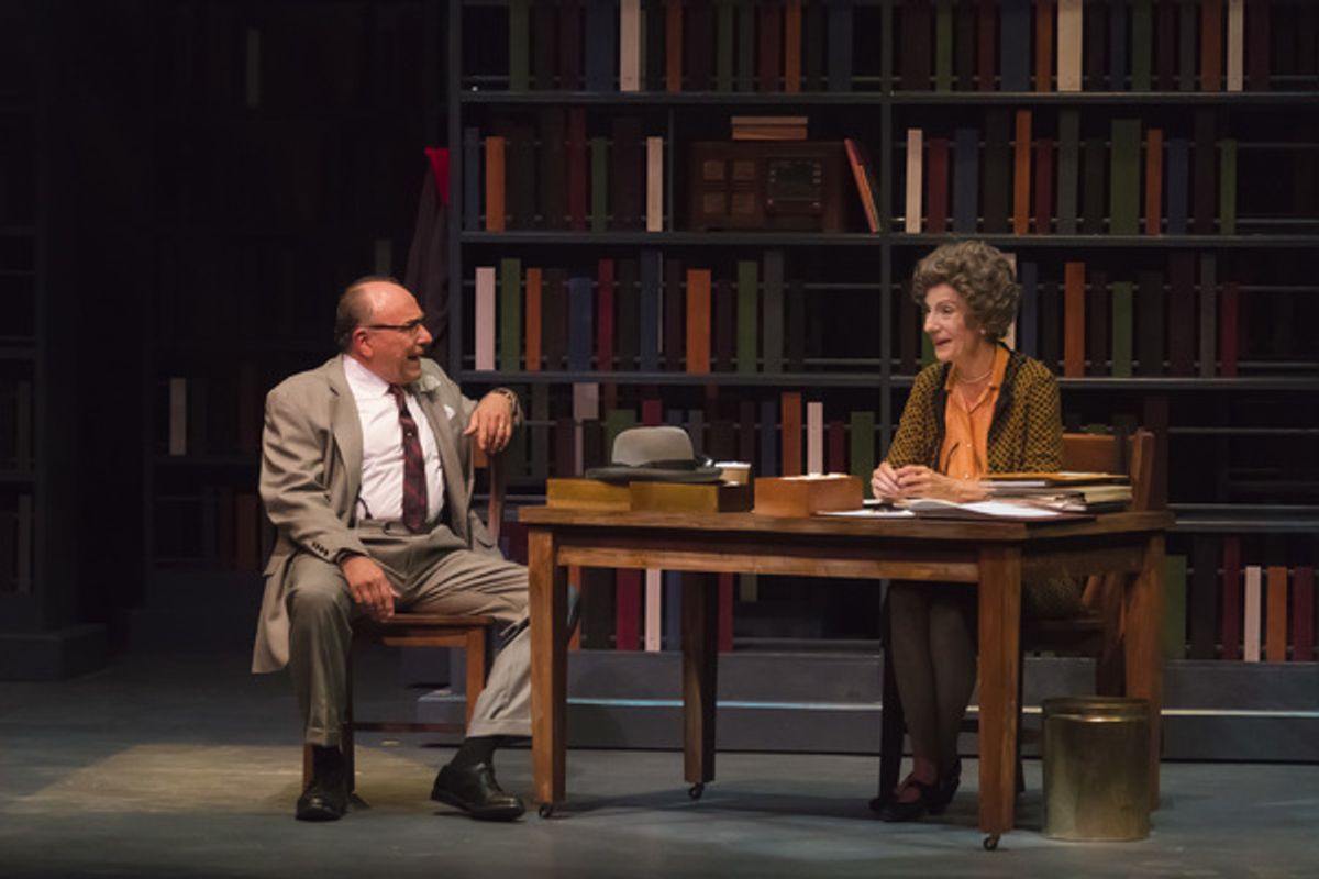 A scene from the Midwest Premiere of Kenneth Jones' â€"Alabama Storyâ€ at Peninsula Players August 17 through Sept. 4, 2016.  From left are Greg Vinkler  and Carmen Roman as E.W. Higgins and Emily Wheelock Reed, a segregationist senator and a librarian w at 