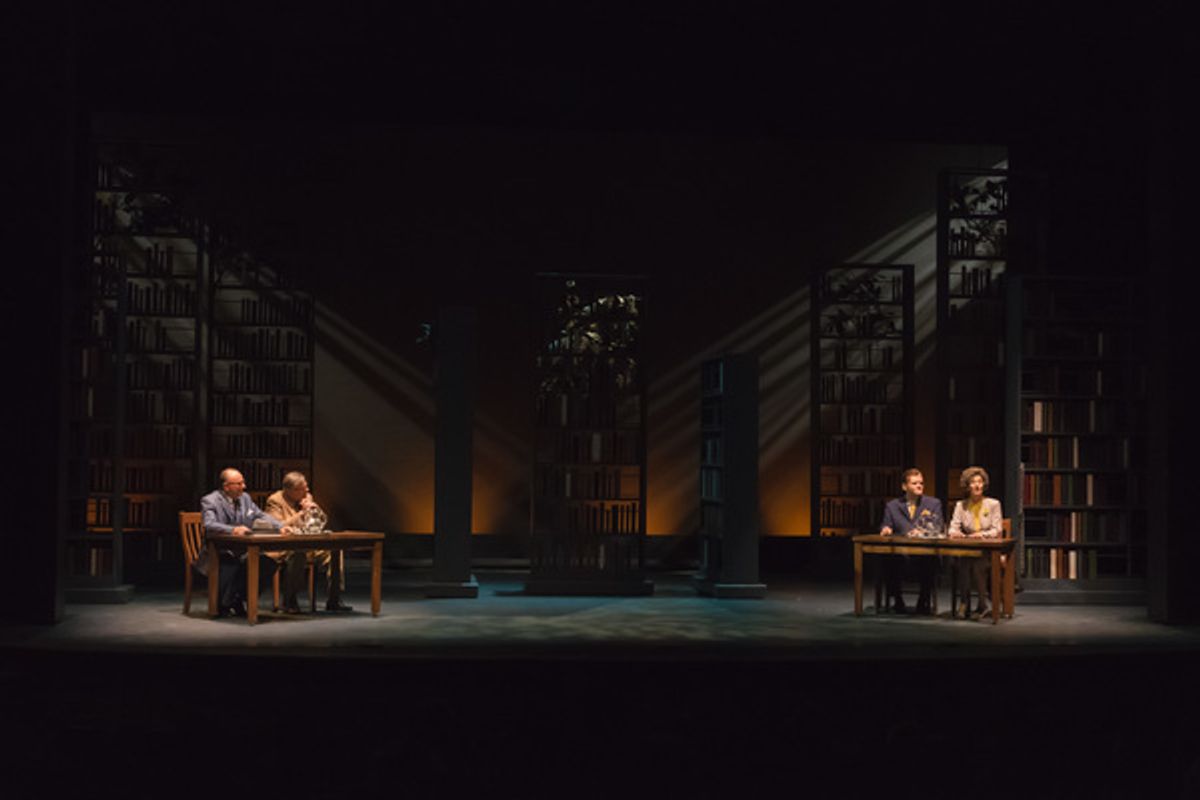 A scene from the Midwest Premiere of Kenneth Jones' â€"Alabama Storyâ€ at Peninsula Players August 17 through Sept. 4, 2016.  From left are Greg Vinkler, James Leaming,  Harter Clingman and Carmen Roman.   at 