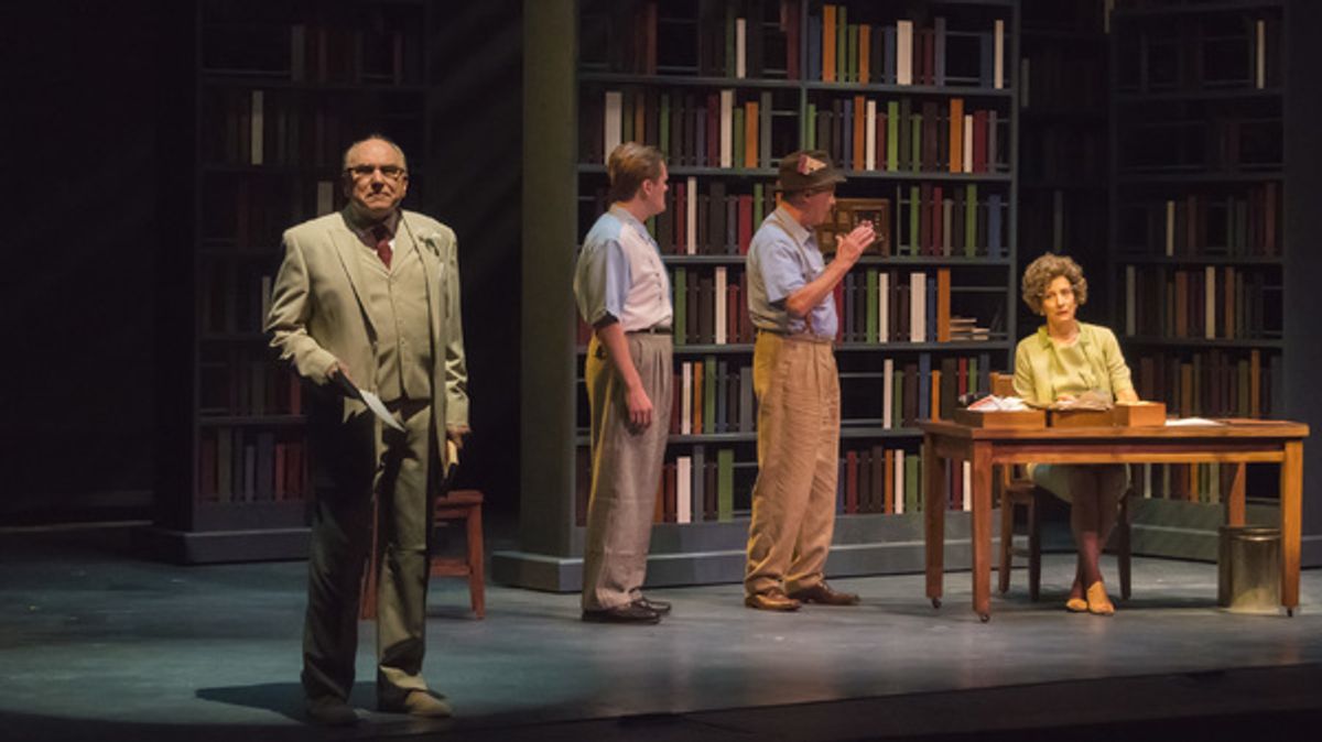 A scene from the Midwest Premiere of Kenneth Jones' â€"Alabama Storyâ€ at Peninsula Players through Sept. 4. From left are Greg Vinkler, Harter Clingman, James Leaming and Carmen Roman.    Scenic Design Jack Magaw, Costume Design KÃ¤rin Simonson Kopischk at 