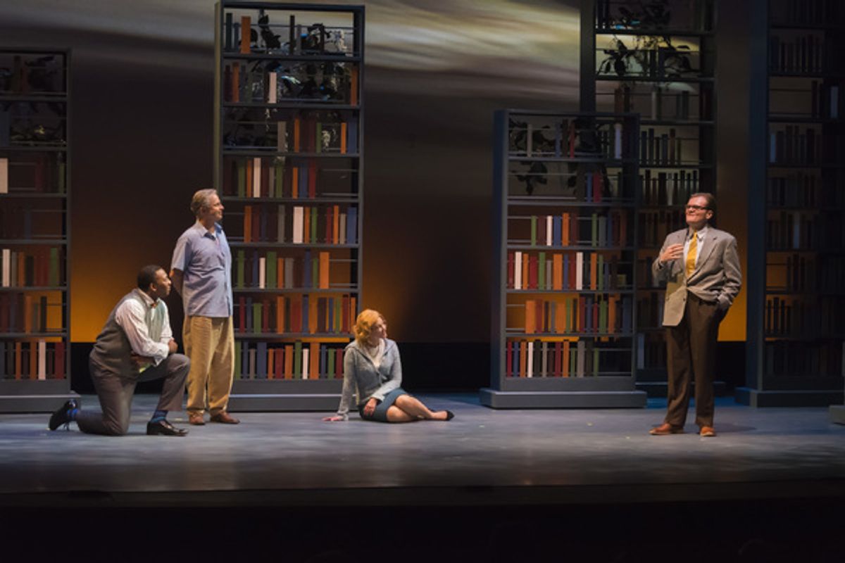 A scene from the Midwest Premiere of Kenneth Jones' â€"Alabama Storyâ€ at Peninsula Players through Sept. 4.   From left are James Leaming, Greg Vinkler and Carmen Roman.  Roman portrays librarian Emily Wheelock Reed who defends the right to read in 1959 at 