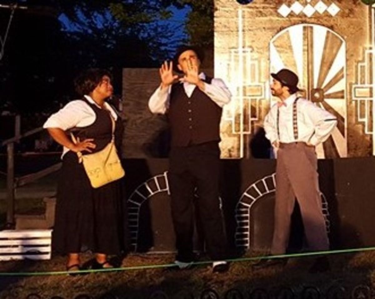 Elizabeth Reynolds (Courtesan), Enrique Rivera (Antipholus of Syracuse), and Mark Masi (Dromio of Syracuse) at 