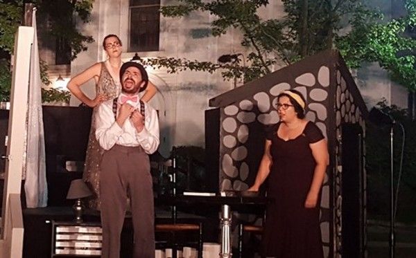Bernadette C.M. Karpf (Adriana), Mark Masi (Dromio of Syracuse), and Amanda Grillo (L Photo